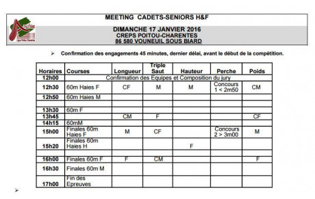 Horaires meeting de la Ligue à Poitiers